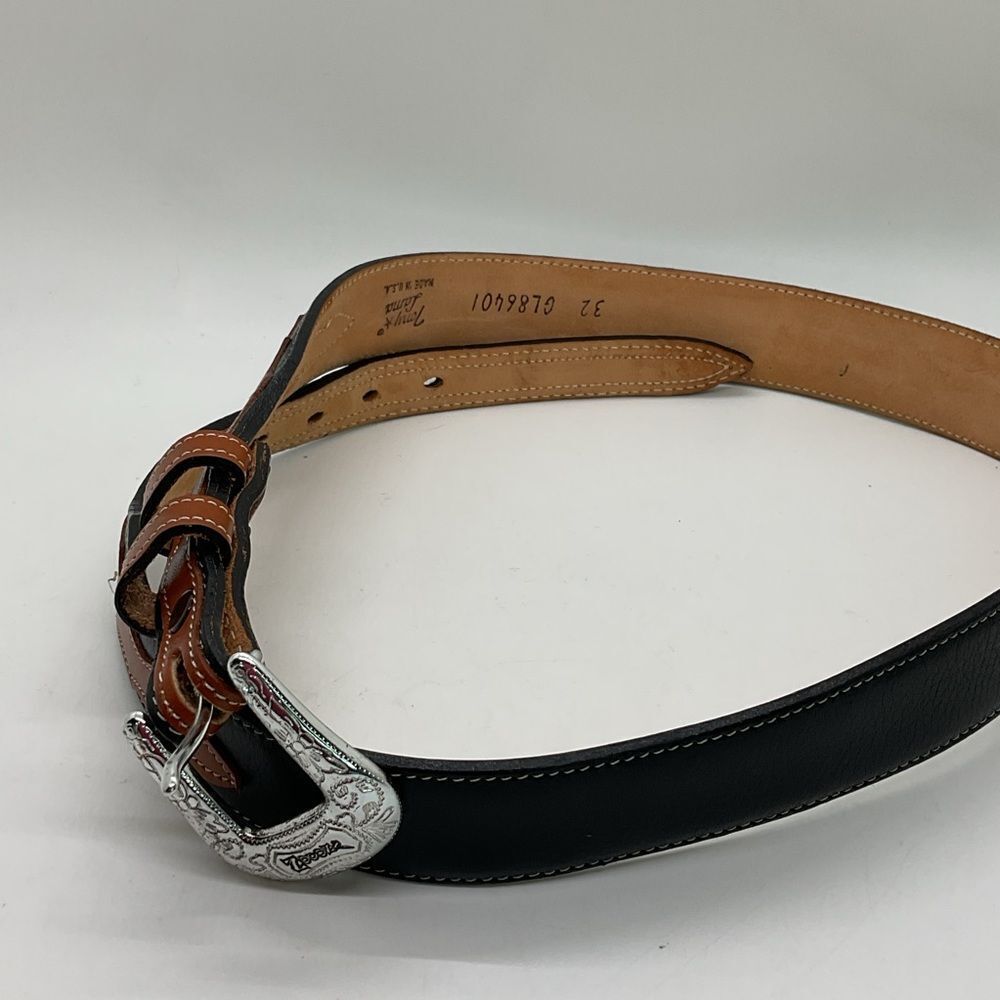 Tony Lama Men's Black and Brown Leather Belt with Silver Buckle
